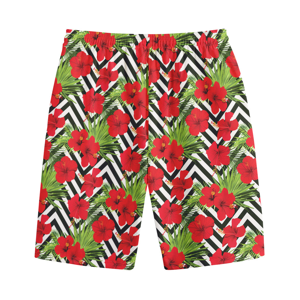 Red Hibiscus Chevron Pattern Print Cotton Shorts