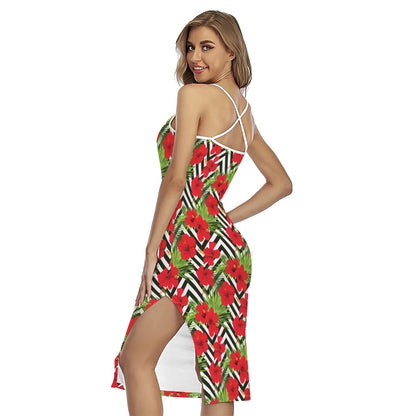 Red Hibiscus Chevron Pattern Print Cross Back Cami Dress