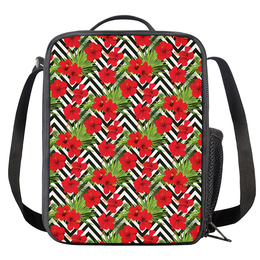 Red Hibiscus Chevron Pattern Print Crossbody Lunch Bag