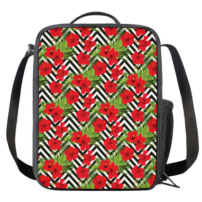 Red Hibiscus Chevron Pattern Print Crossbody Lunch Bag
