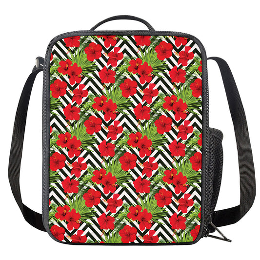 Red Hibiscus Chevron Pattern Print Crossbody Lunch Bag