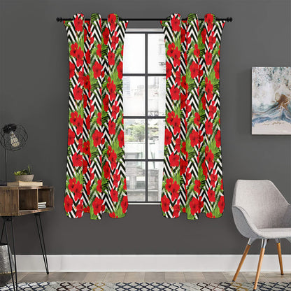 Red Hibiscus Chevron Pattern Print Curtain