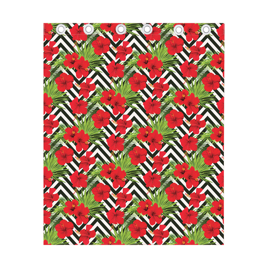 Red Hibiscus Chevron Pattern Print Curtain