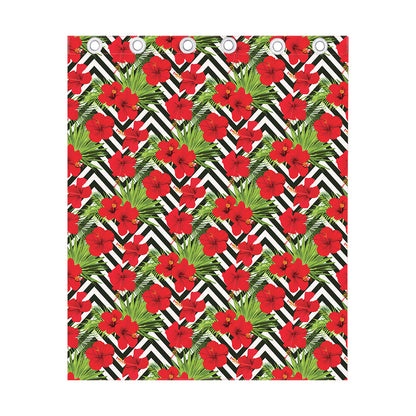 Red Hibiscus Chevron Pattern Print Curtain