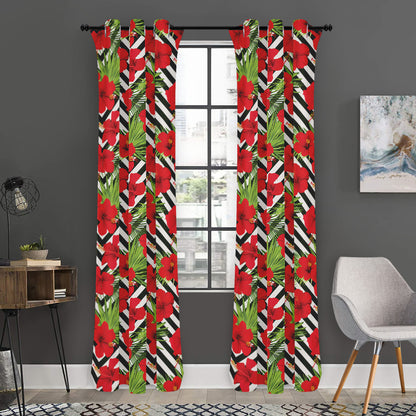 Red Hibiscus Chevron Pattern Print Curtain