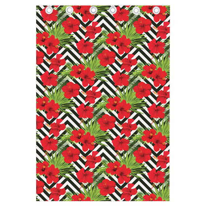 Red Hibiscus Chevron Pattern Print Curtain