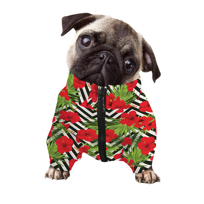 Red Hibiscus Chevron Pattern Print Dog Zip Up Jacket