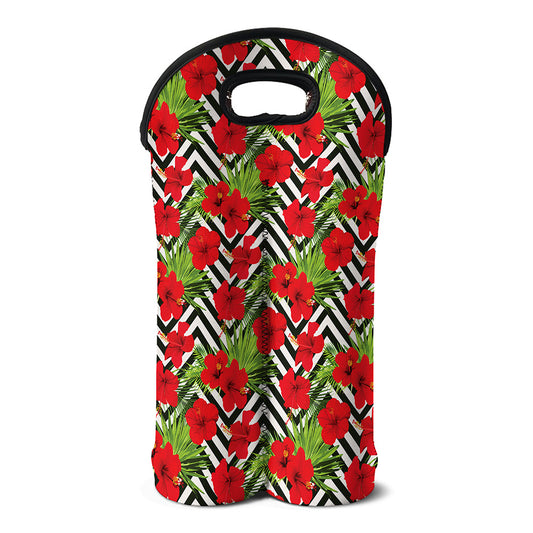 Red Hibiscus Chevron Pattern Print Double Neoprene Wine Tote