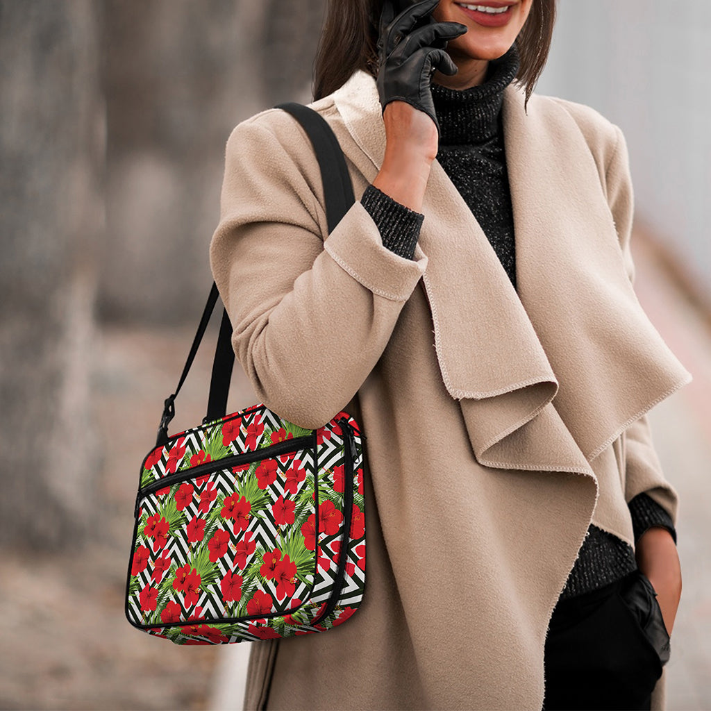 Red Hibiscus Chevron Pattern Print Double Strap Bible Bag