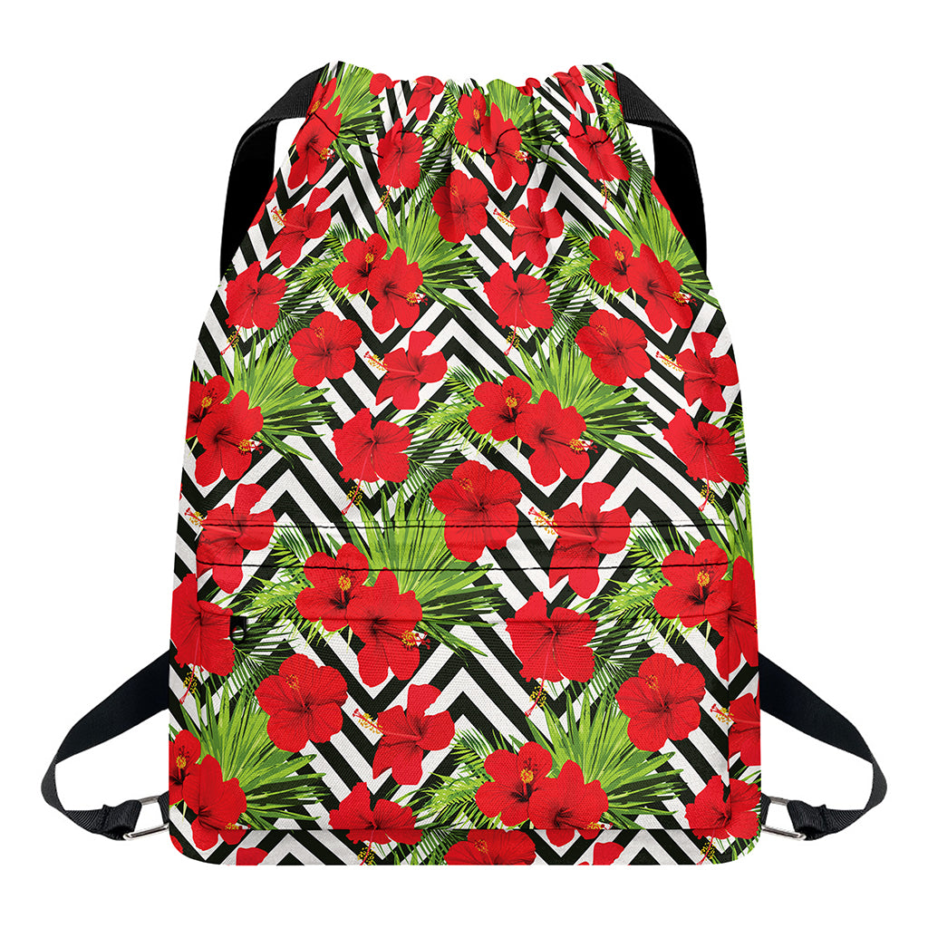 Red Hibiscus Chevron Pattern Print Drawstring Backpack