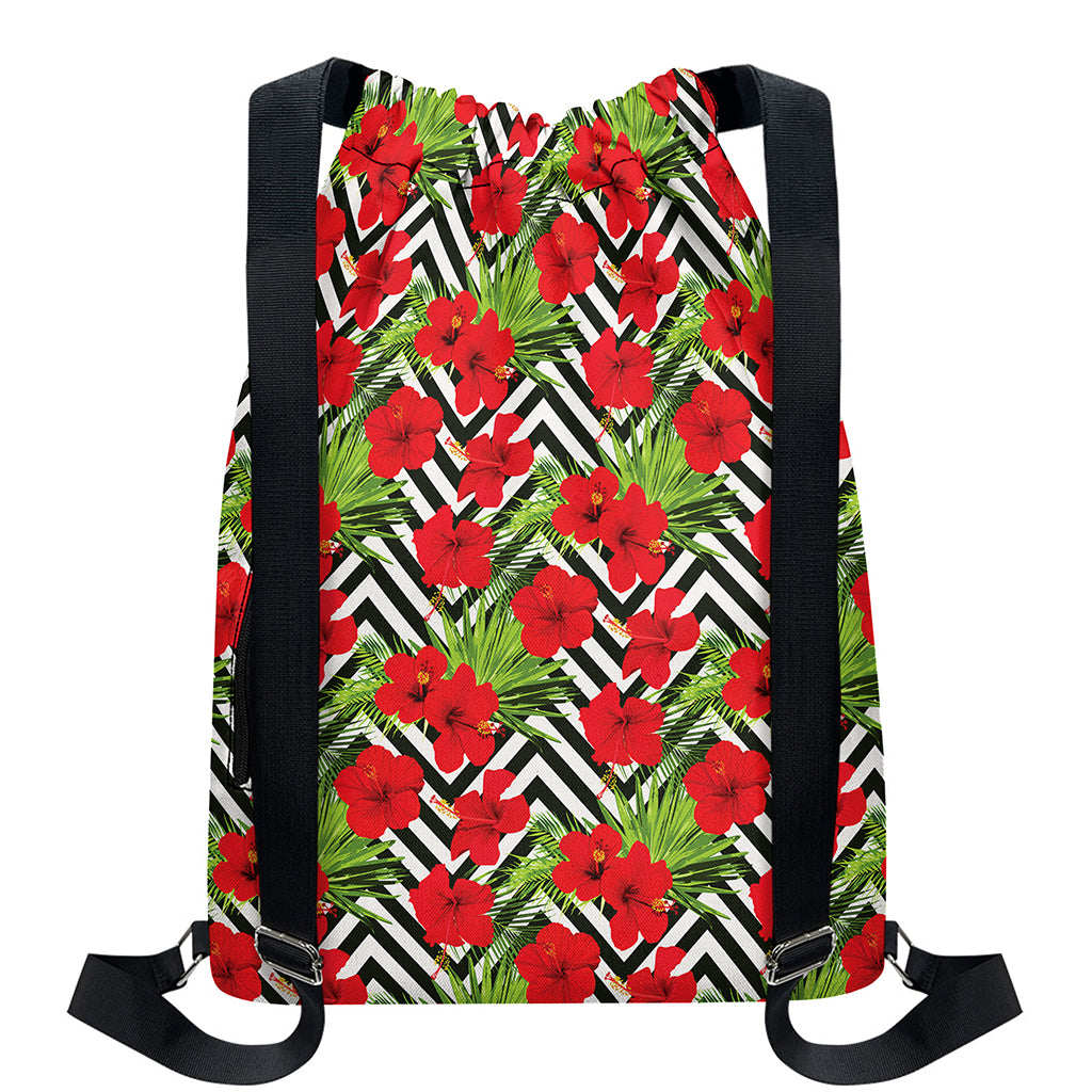 Red Hibiscus Chevron Pattern Print Drawstring Backpack