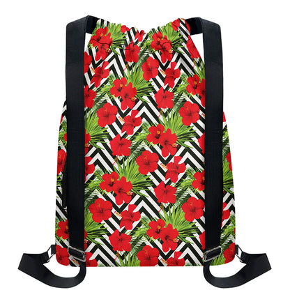 Red Hibiscus Chevron Pattern Print Drawstring Backpack