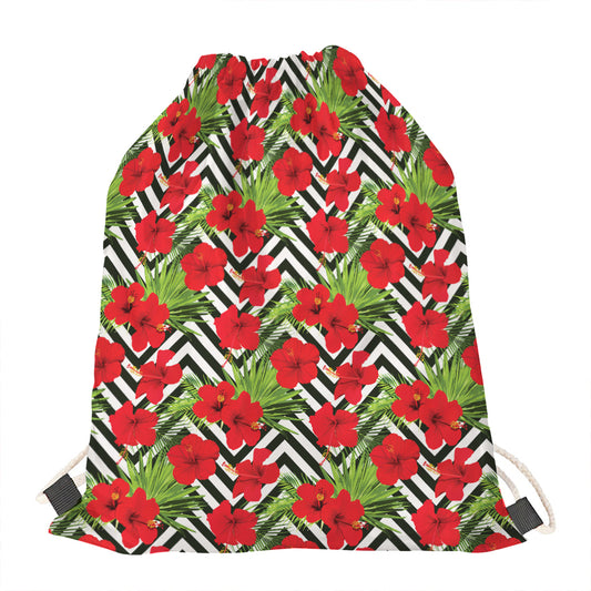 Red Hibiscus Chevron Pattern Print Drawstring Bag
