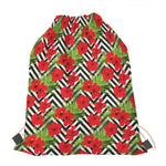 Red Hibiscus Chevron Pattern Print Drawstring Bag