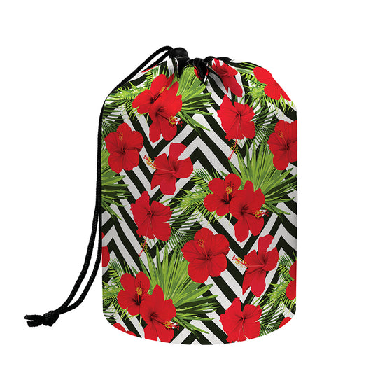 Red Hibiscus Chevron Pattern Print Drawstring Makeup Bag