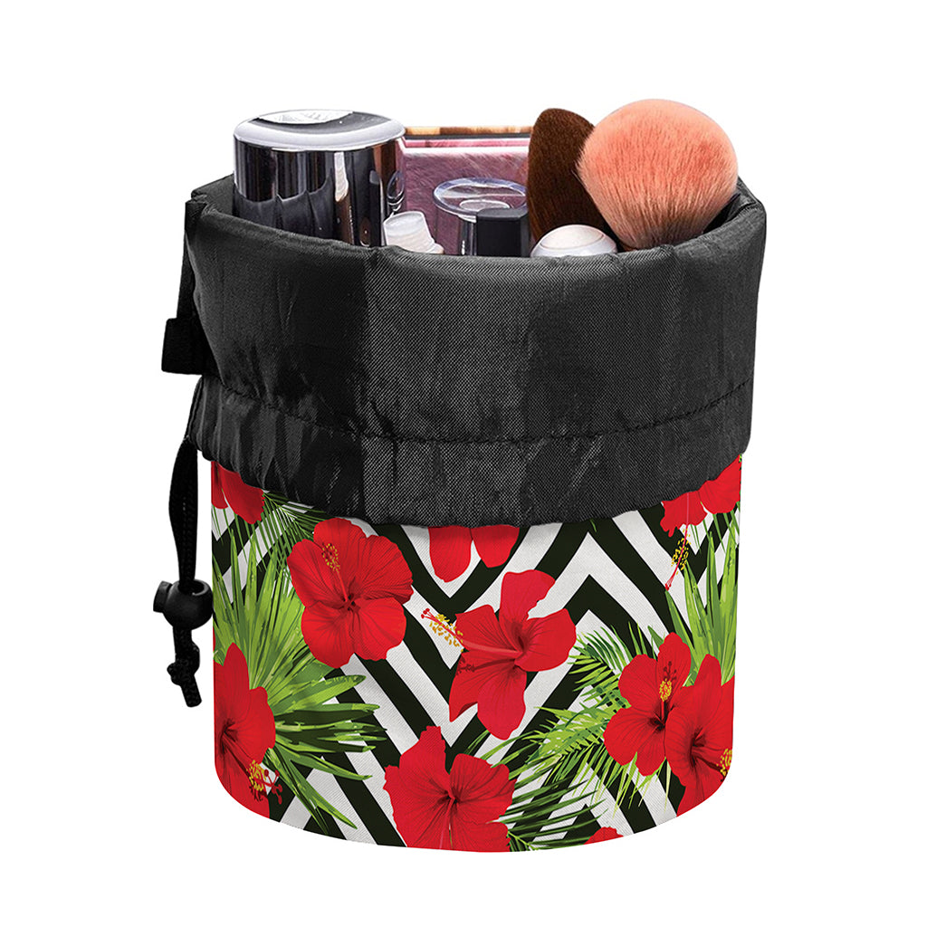 Red Hibiscus Chevron Pattern Print Drawstring Makeup Bag