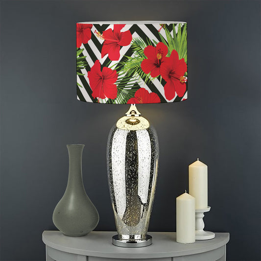 Red Hibiscus Chevron Pattern Print Drum Lamp Shade
