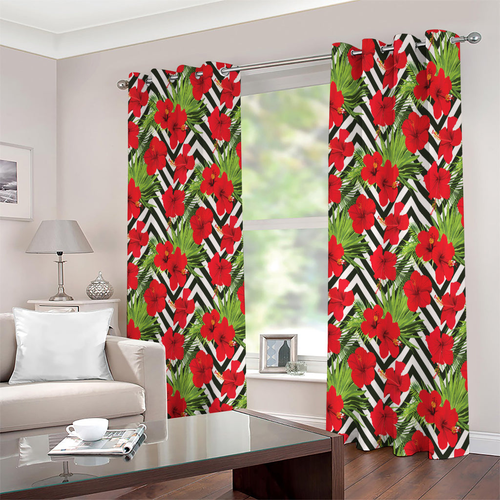 Red Hibiscus Chevron Pattern Print Extra Wide Grommet Curtains