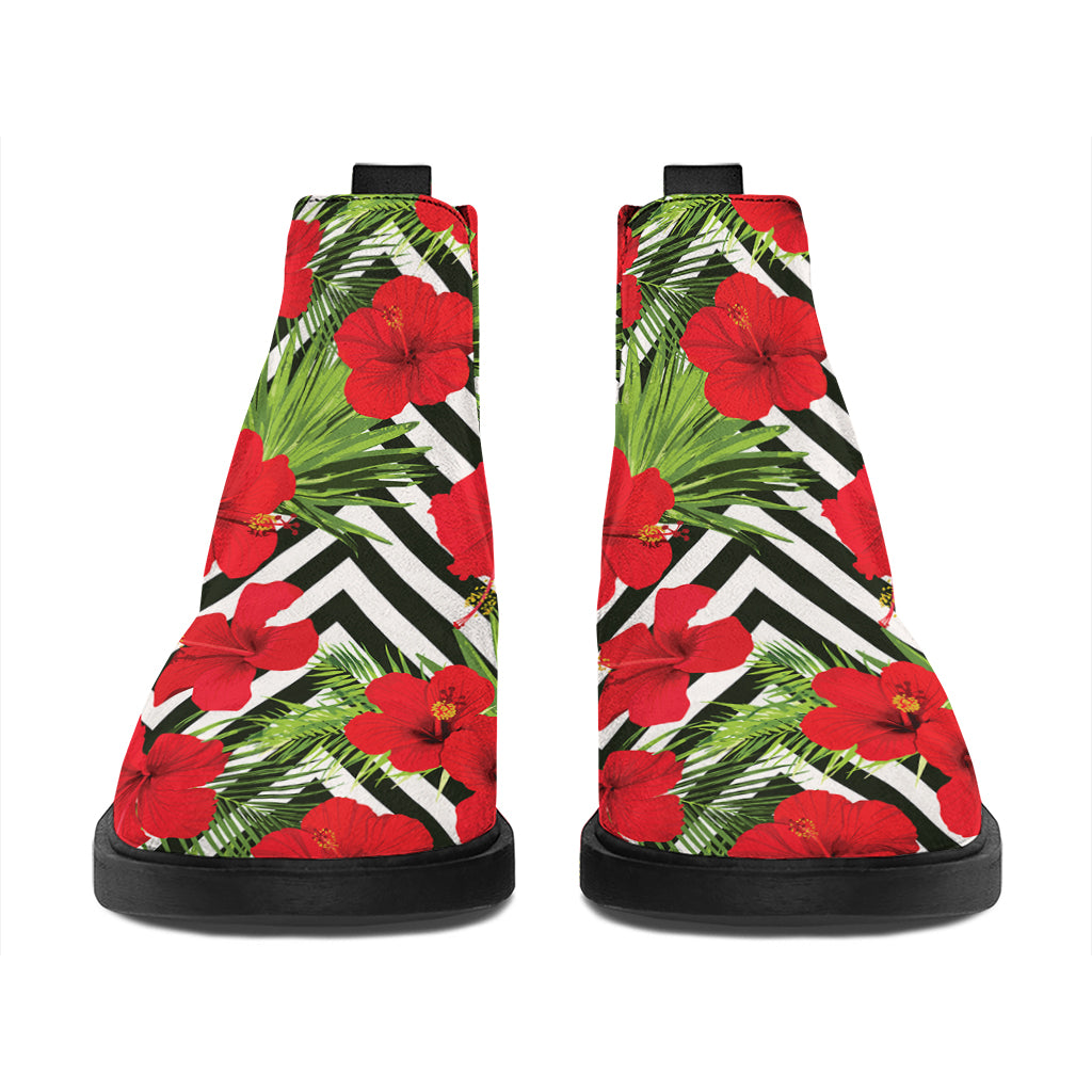 Red Hibiscus Chevron Pattern Print Flat Ankle Boots