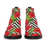 Red Hibiscus Chevron Pattern Print Flat Ankle Boots