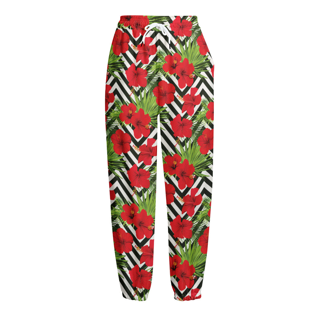 Red Hibiscus Chevron Pattern Print Fleece Lined Knit Pants