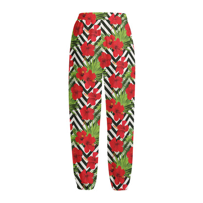 Red Hibiscus Chevron Pattern Print Fleece Lined Knit Pants
