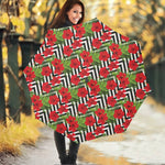 Red Hibiscus Chevron Pattern Print Foldable Umbrella