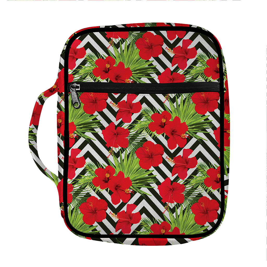 Red Hibiscus Chevron Pattern Print Front Pocket Bible Bag