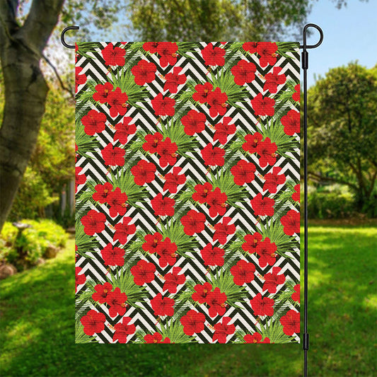 Red Hibiscus Chevron Pattern Print Garden Flag