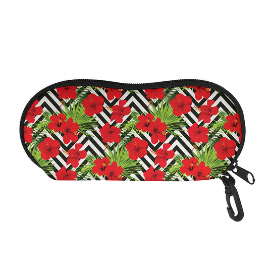 Red Hibiscus Chevron Pattern Print Glasses Case