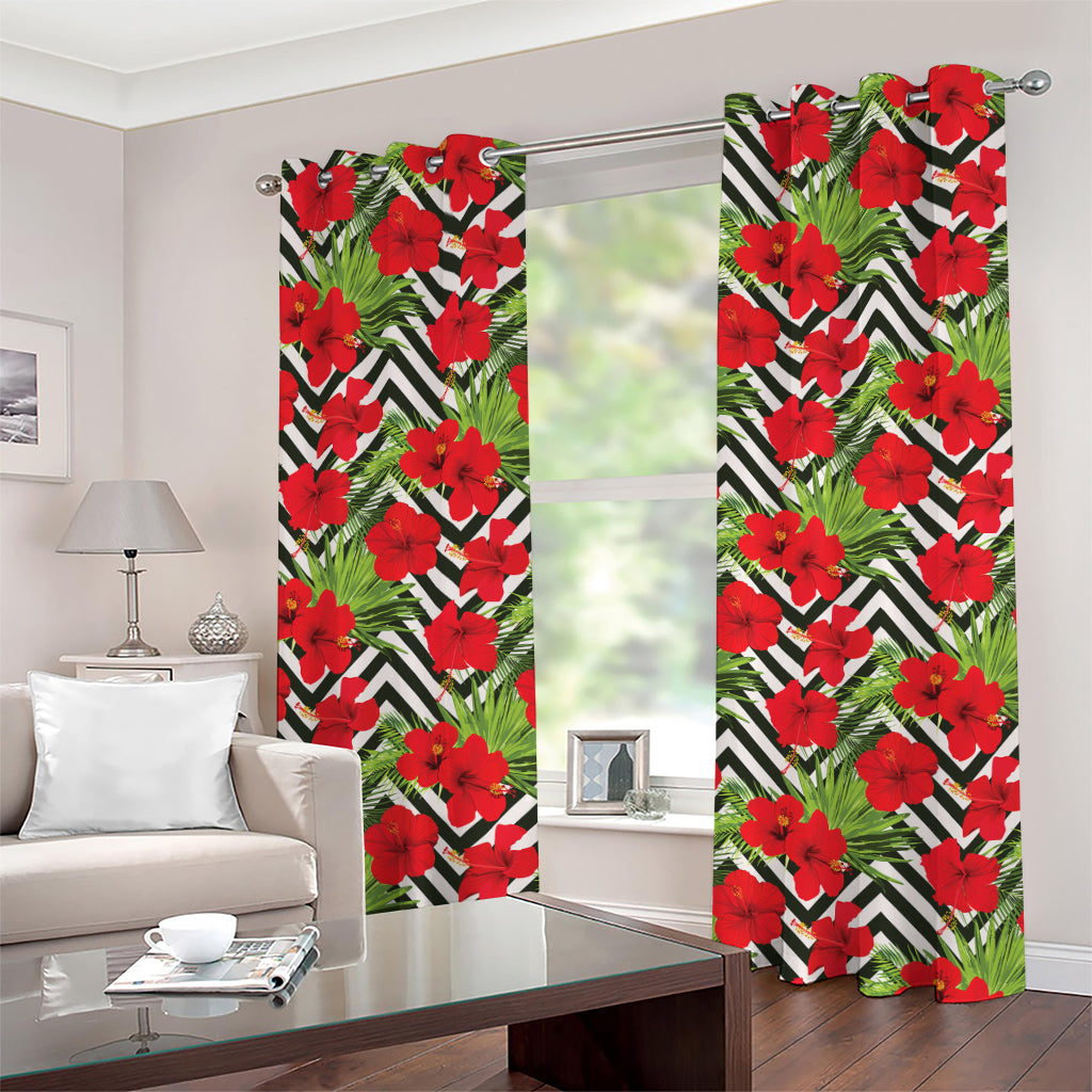 Red Hibiscus Chevron Pattern Print Grommet Curtains