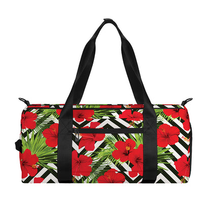 Red Hibiscus Chevron Pattern Print Gym Bag