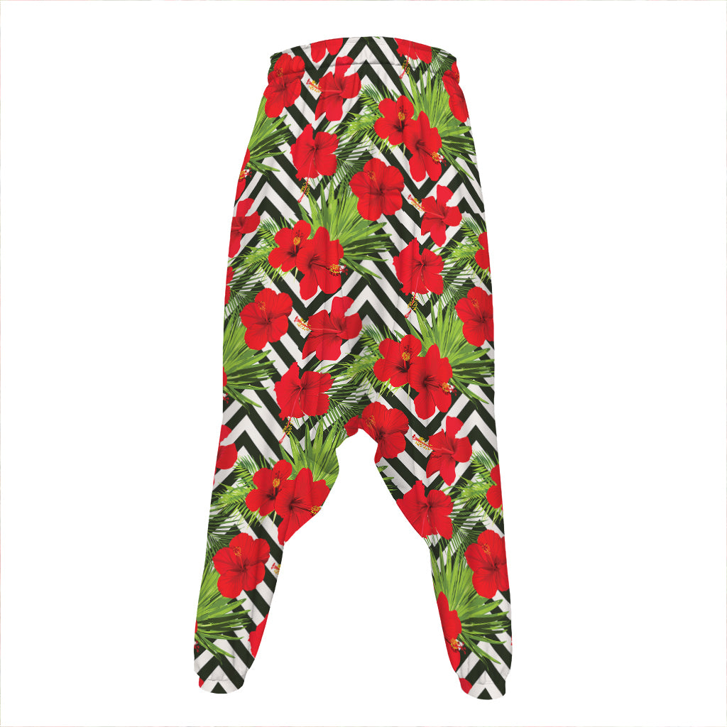 Red Hibiscus Chevron Pattern Print Hammer Pants