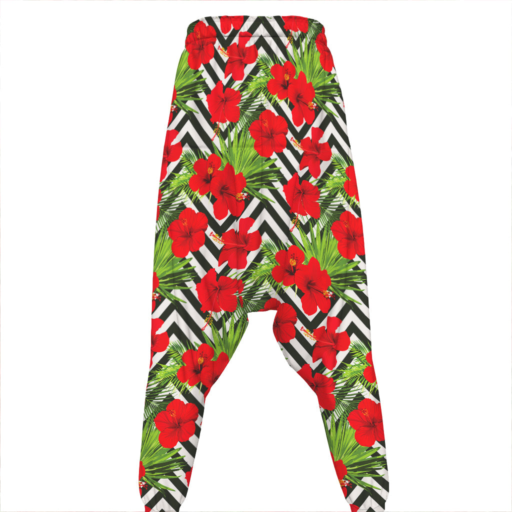 Red Hibiscus Chevron Pattern Print Hammer Pants
