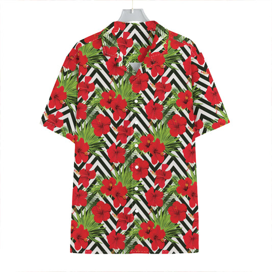 Red Hibiscus Chevron Pattern Print Hawaiian Shirt