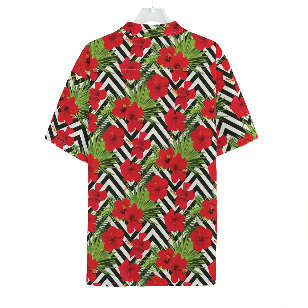 Red Hibiscus Chevron Pattern Print Hawaiian Shirt
