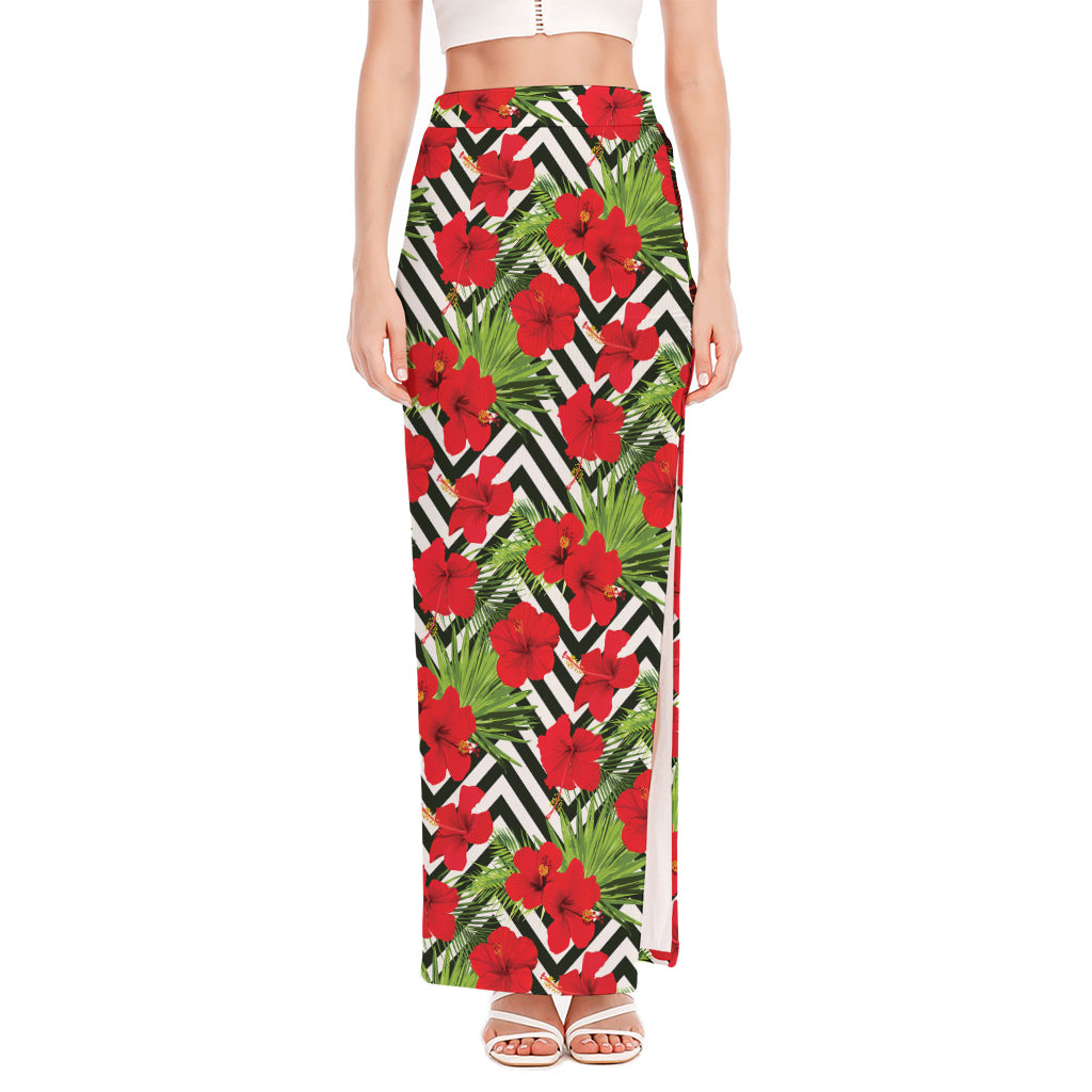 Red Hibiscus Chevron Pattern Print High Slit Maxi Skirt