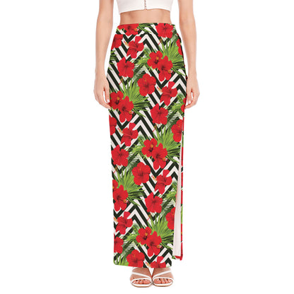 Red Hibiscus Chevron Pattern Print High Slit Maxi Skirt