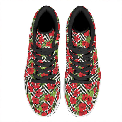 Red Hibiscus Chevron Pattern Print High Top Leather Sneakers