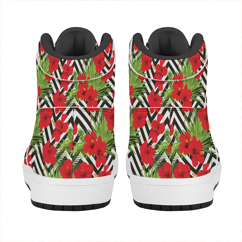 Red Hibiscus Chevron Pattern Print High Top Leather Sneakers