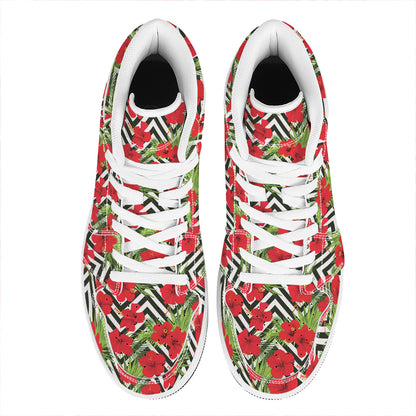 Red Hibiscus Chevron Pattern Print High Top Leather Sneakers