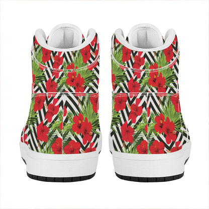 Red Hibiscus Chevron Pattern Print High Top Leather Sneakers