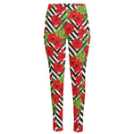 Red Hibiscus Chevron Pattern Print High-Waisted Pocket Leggings