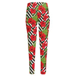 Red Hibiscus Chevron Pattern Print High-Waisted Pocket Leggings