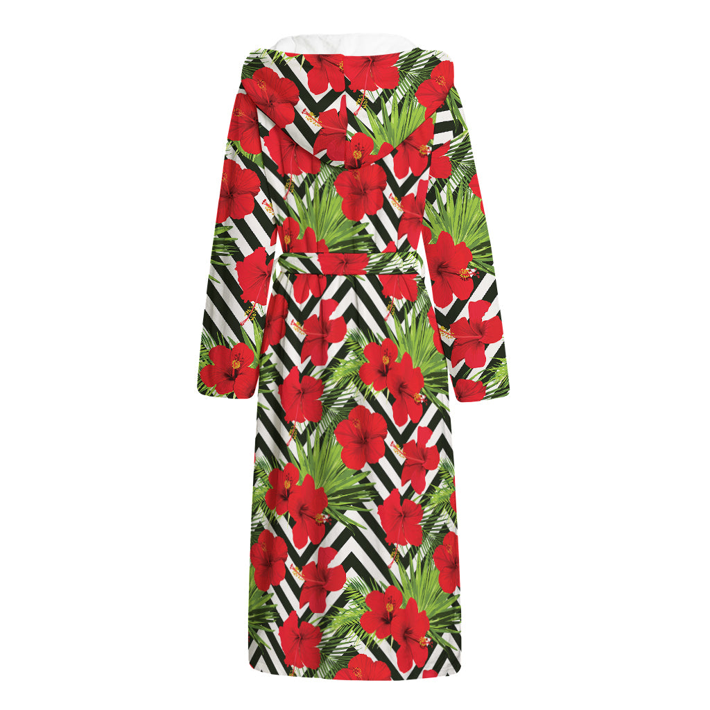Red Hibiscus Chevron Pattern Print Hooded Bathrobe