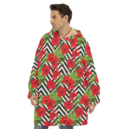 Red Hibiscus Chevron Pattern Print Hoodie Blanket
