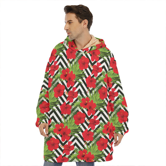 Red Hibiscus Chevron Pattern Print Hoodie Blanket