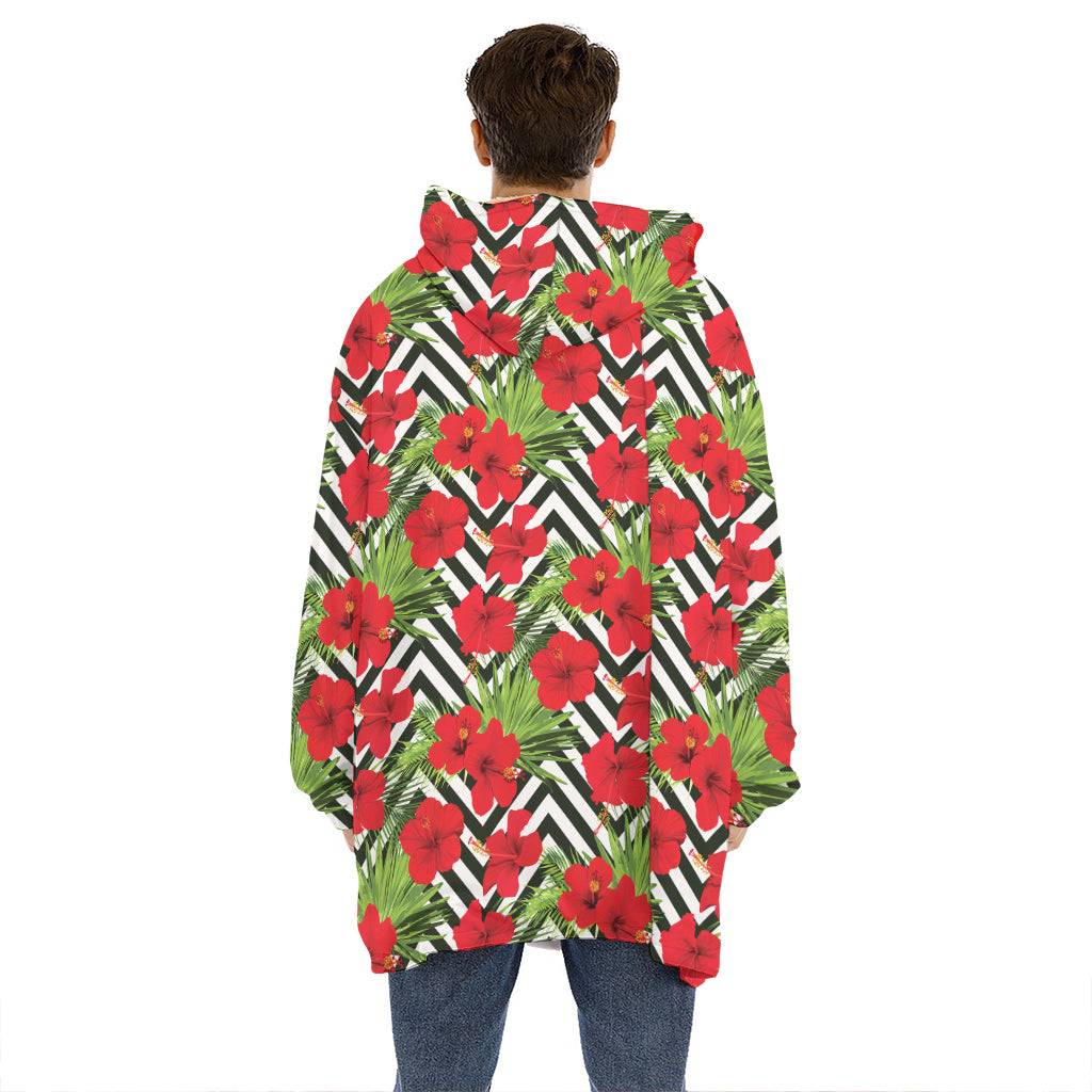 Red Hibiscus Chevron Pattern Print Hoodie Blanket