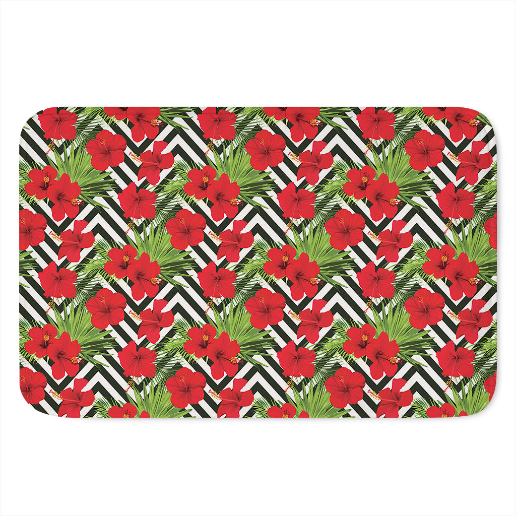 Red Hibiscus Chevron Pattern Print Indoor Door Mat