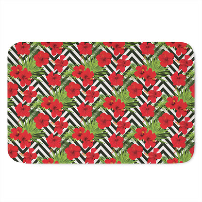 Red Hibiscus Chevron Pattern Print Indoor Door Mat